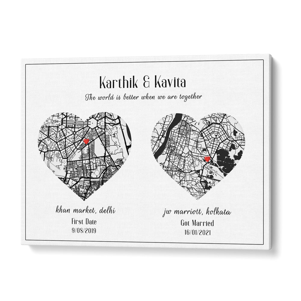 Dual Heart City Map - White Wall Journals Matte Paper Rolled Art