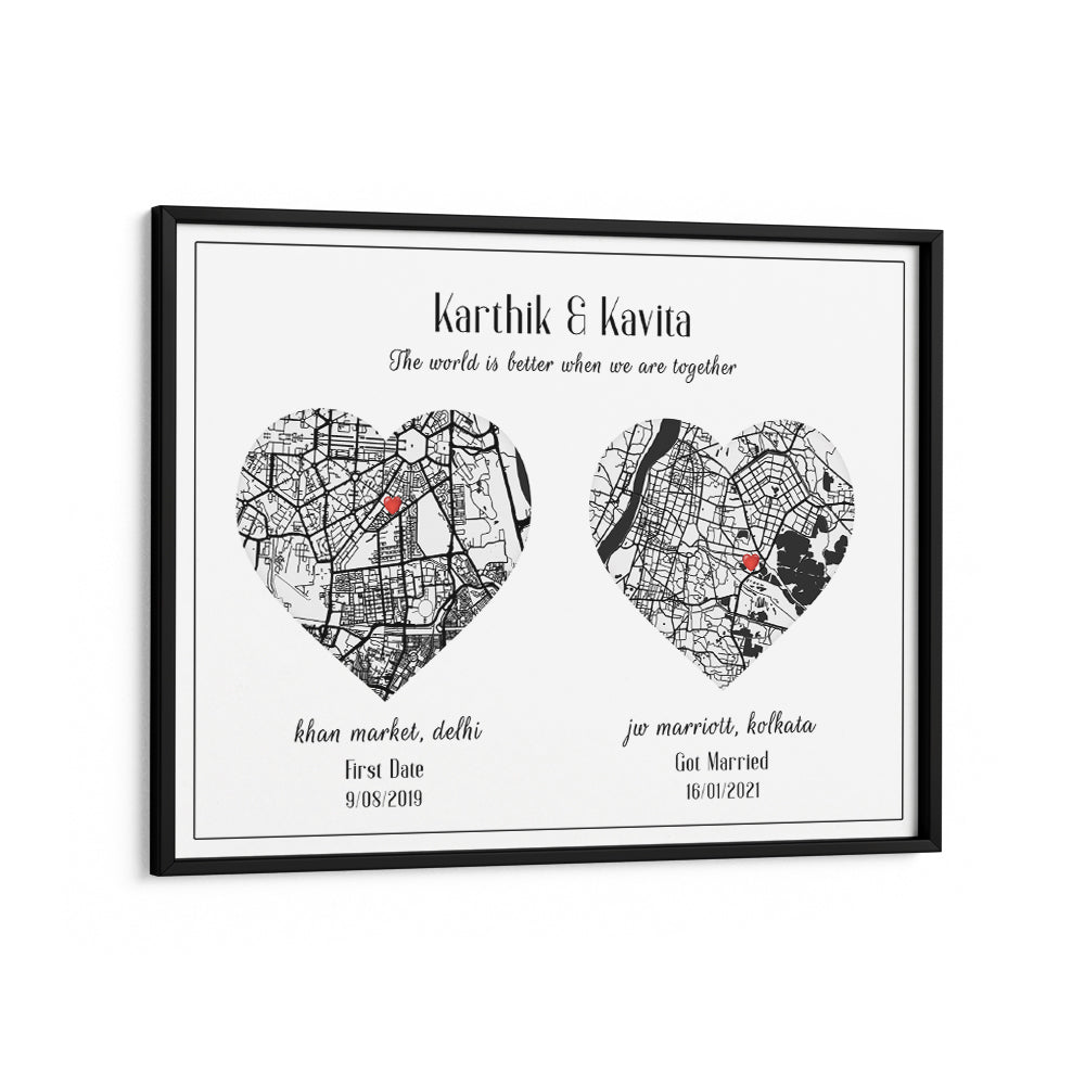 Dual Heart City Map - White Wall Journals Matte Paper Black Frame