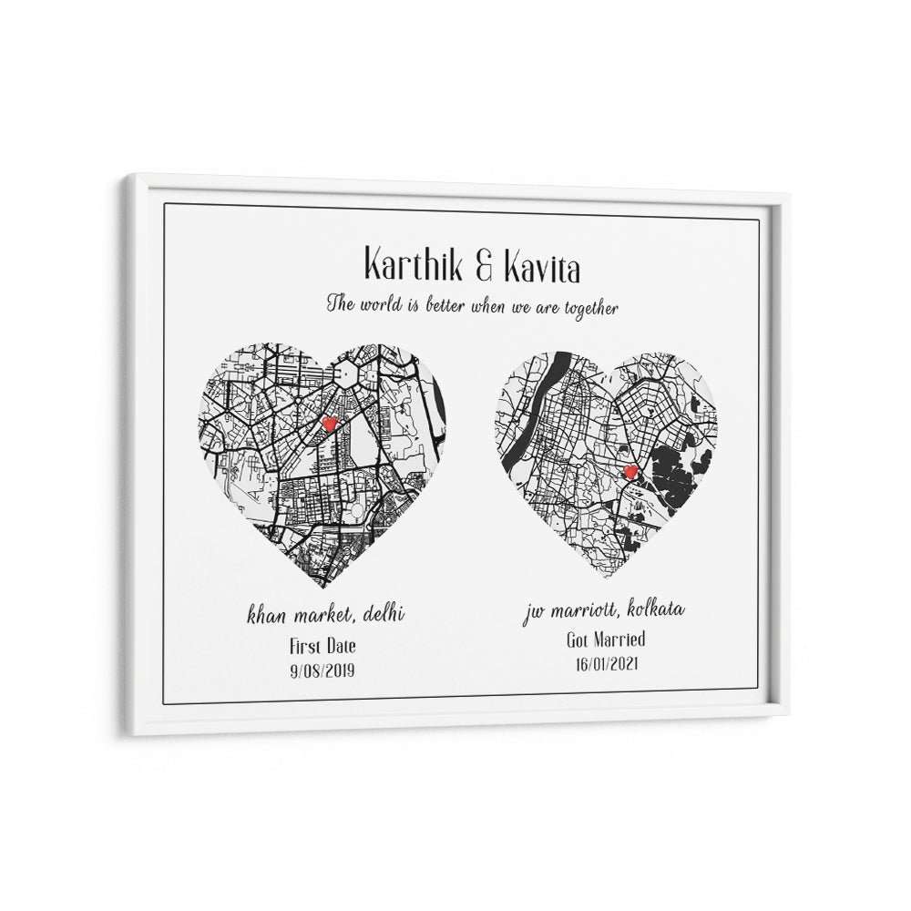 Dual Heart City Map - White Wall Journals Matte Paper White Frame