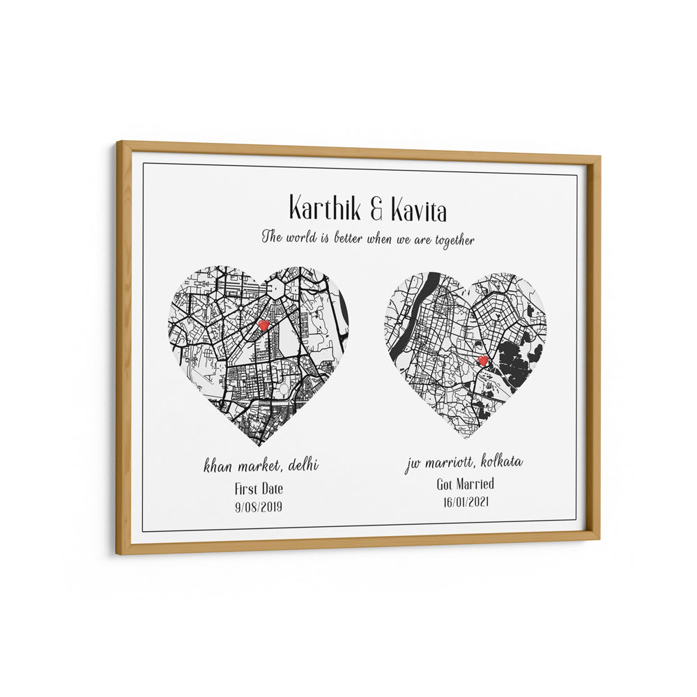 Dual Heart City Map - White Wall Journals Matte Paper Wooden Frame