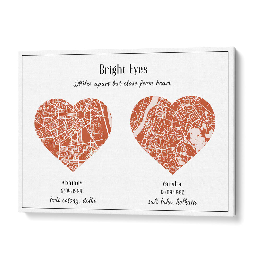 Dual Heart City Map - Burnt Orange Wall Journals Matte Paper Rolled Art