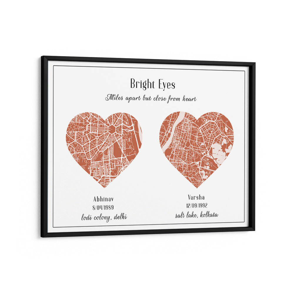 Dual Heart City Map - Burnt Orange Wall Journals Matte Paper Black Frame