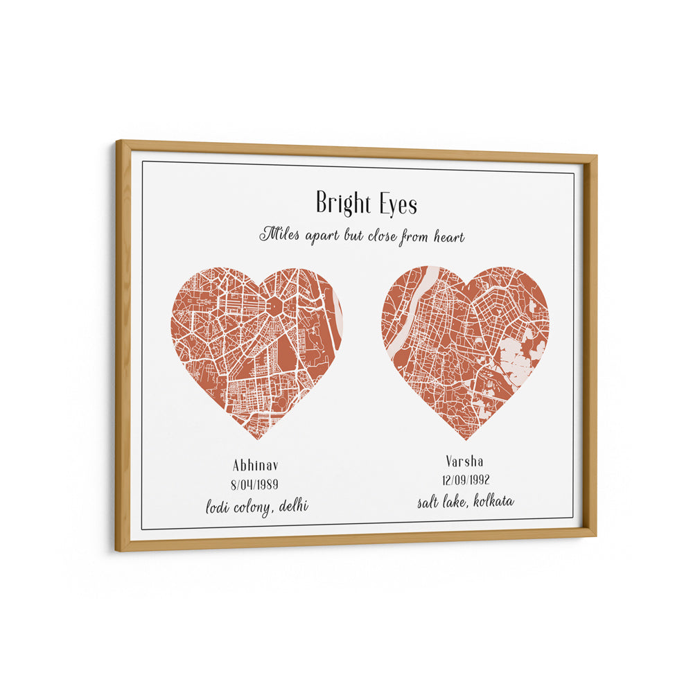 Dual Heart City Map - Burnt Orange Wall Journals Matte Paper Wooden Frame