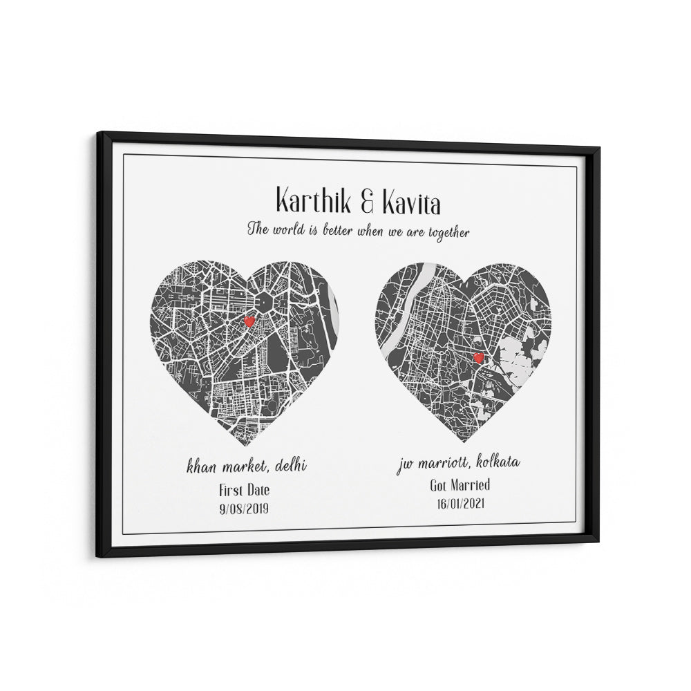 Dual Heart City Map - Slate Grey Wall Journals Matte Paper Black Frame