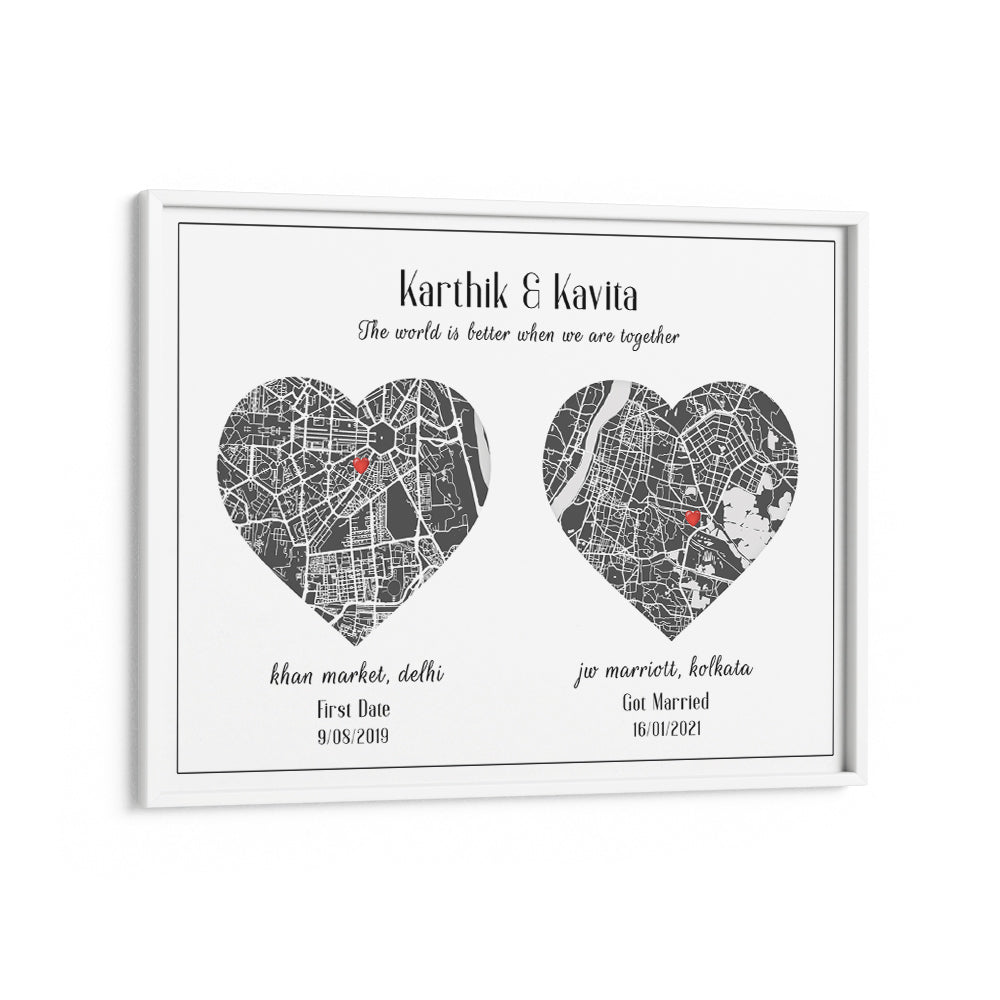 Dual Heart City Map - Slate Grey Wall Journals Matte Paper White Frame