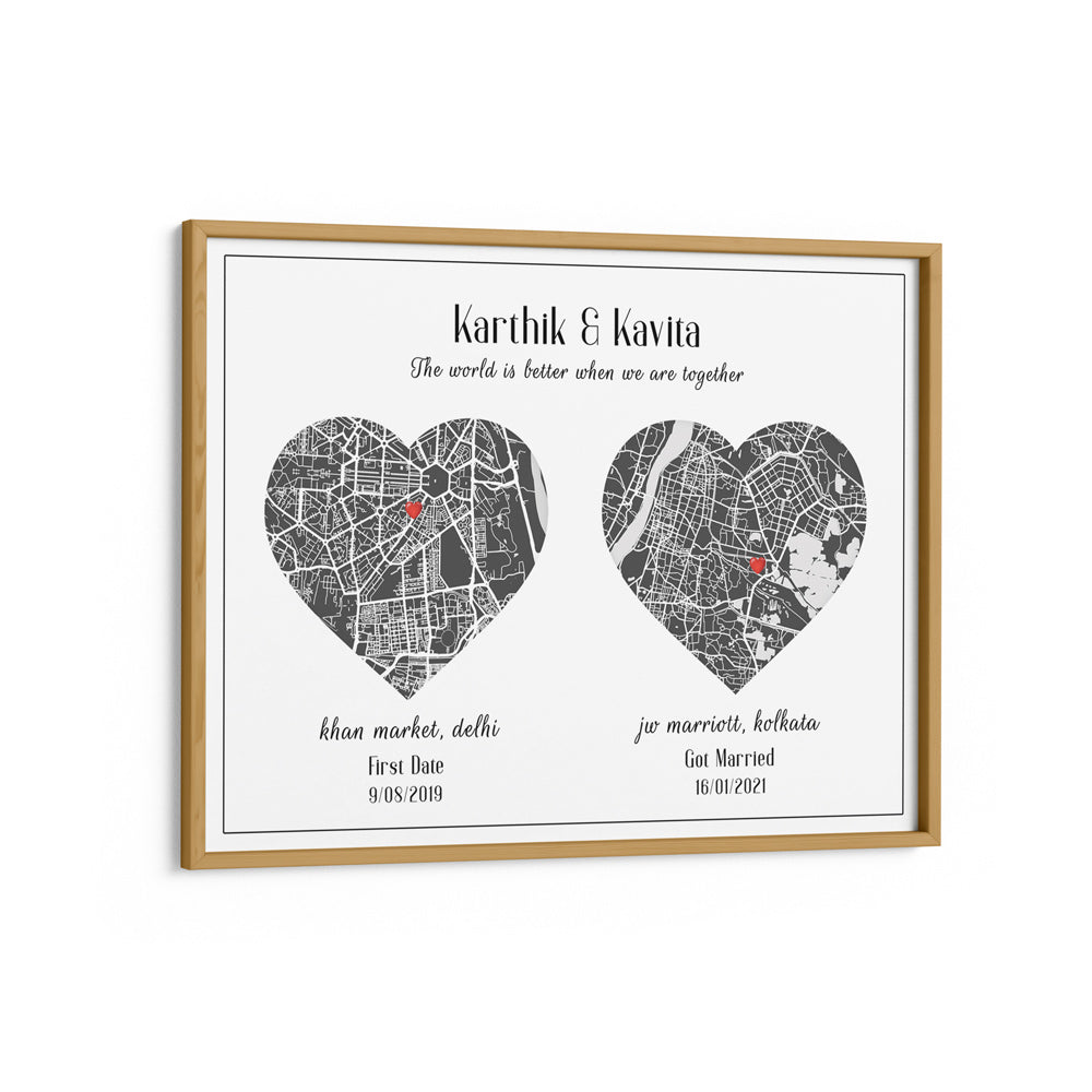 Dual Heart City Map - Slate Grey Wall Journals Matte Paper Wooden Frame