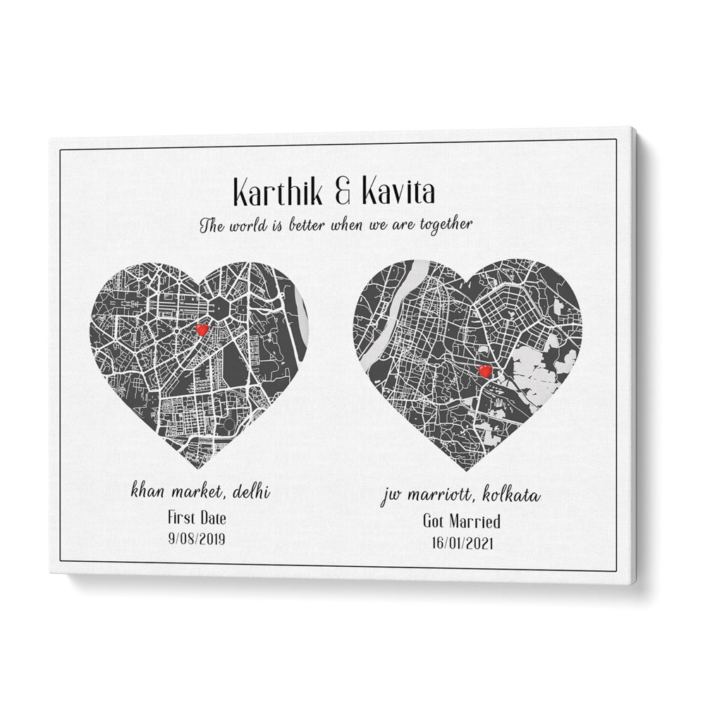 Dual Heart City Map - Slate Grey Wall Journals Matte Paper Rolled Art