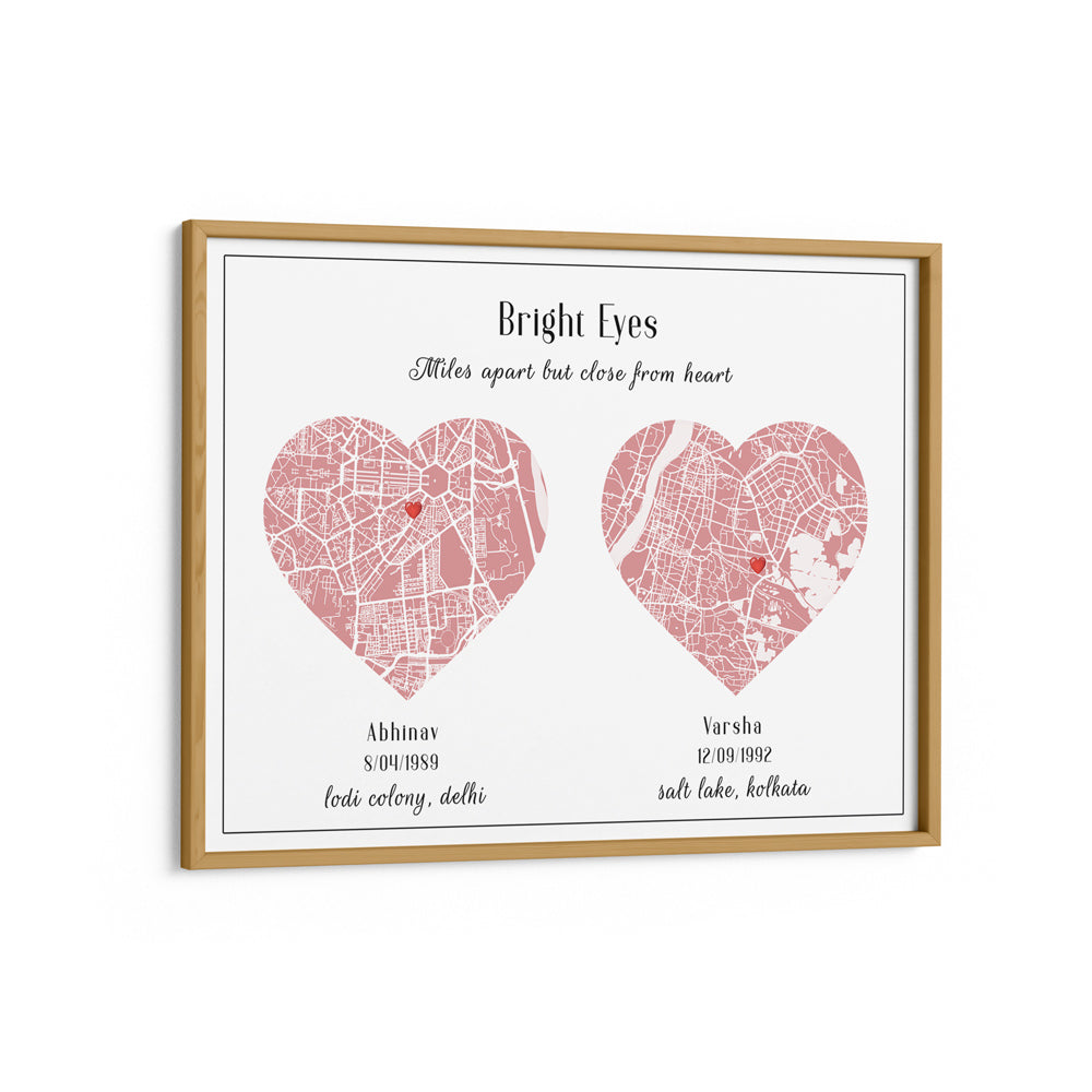 Dual Heart City Map - Baby Pink Wall Journals Matte Paper Wooden Frame