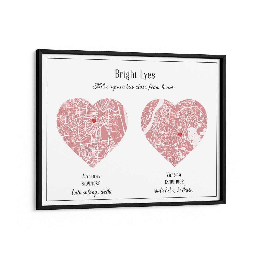 Dual Heart City Map - Baby Pink Wall Journals Matte Paper Black Frame