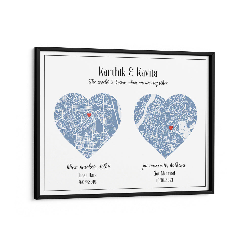Dual Heart City Map - Powder Blue Wall Journals Matte Paper Black Frame