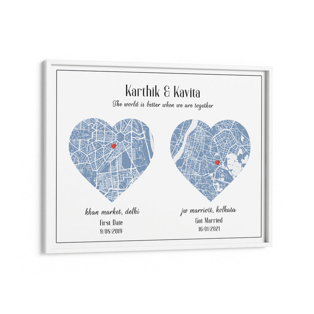 Dual Heart City Map - Powder Blue Wall Journals Matte Paper White Frame