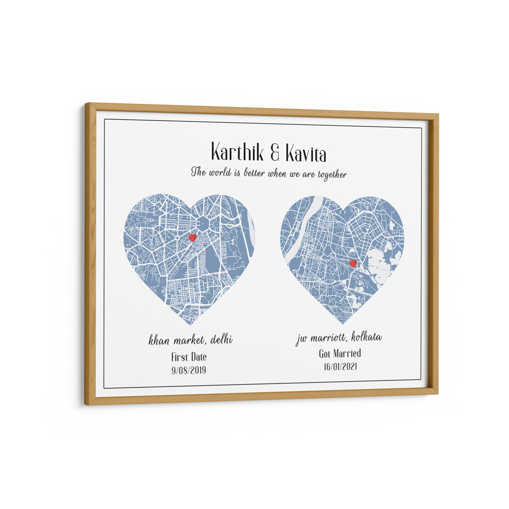 Dual Heart City Map - Powder Blue Wall Journals Matte Paper Wooden Frame