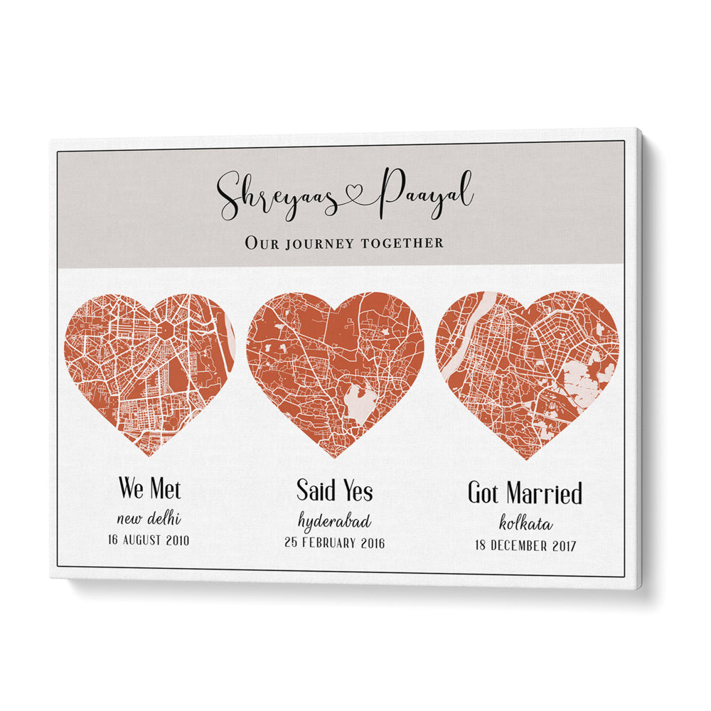 Triple Heart City Map - Burnt Orange Wall Journals Matte Paper Rolled Art