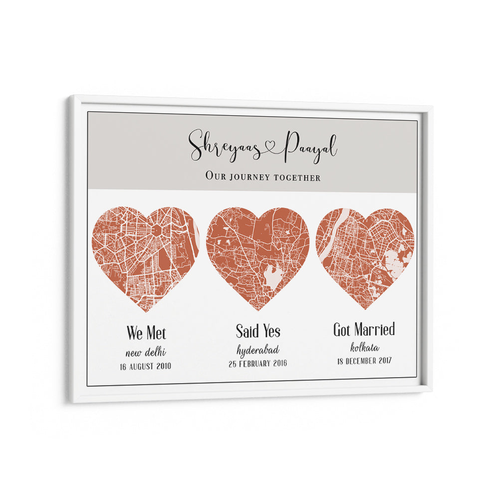 Triple Heart City Map - Burnt Orange Wall Journals Matte Paper White Frame