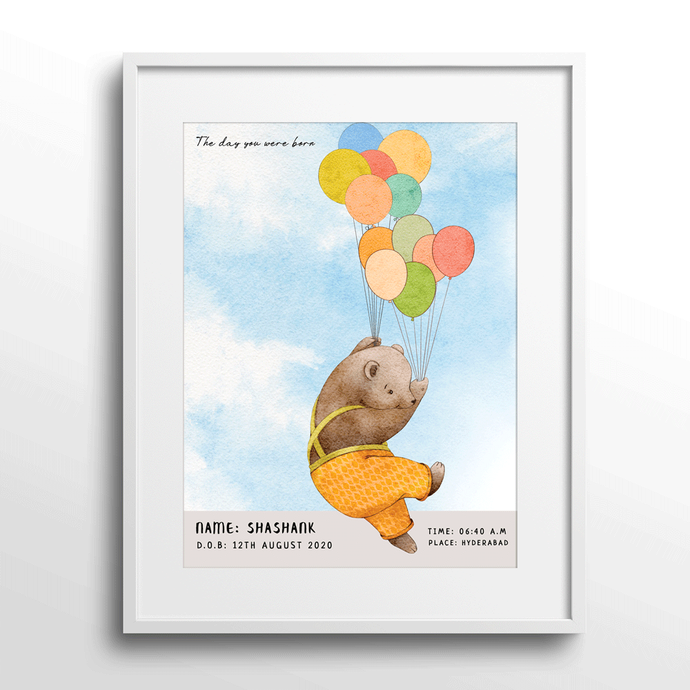 Personalized Birth Poster - Baby Bear Wall Journals Matte Paper White Frame With Mount