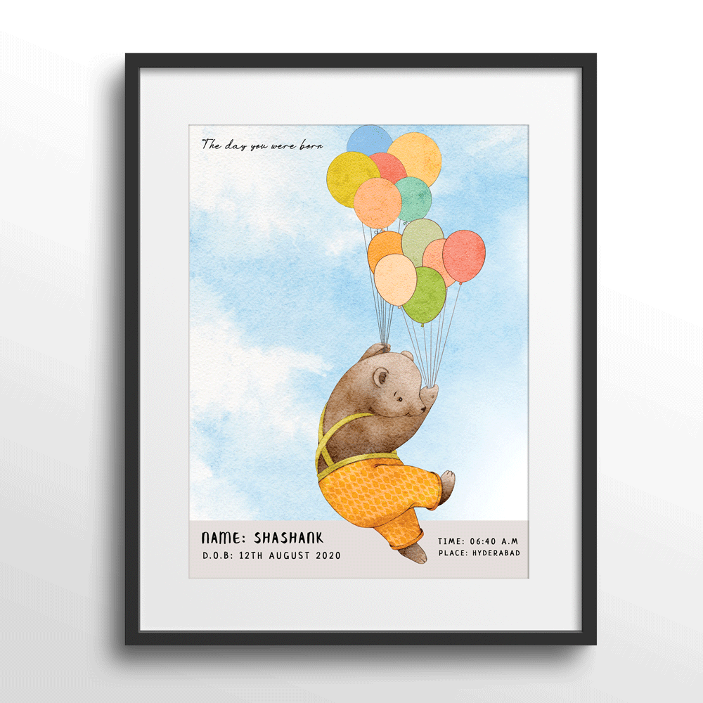 Personalized Birth Poster - Baby Bear Wall Journals Matte Paper Black Frame With Mount