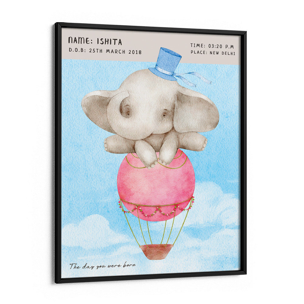 Personalized Birth Poster - Baby Elephant Wall Journals Matte Paper Black Frame