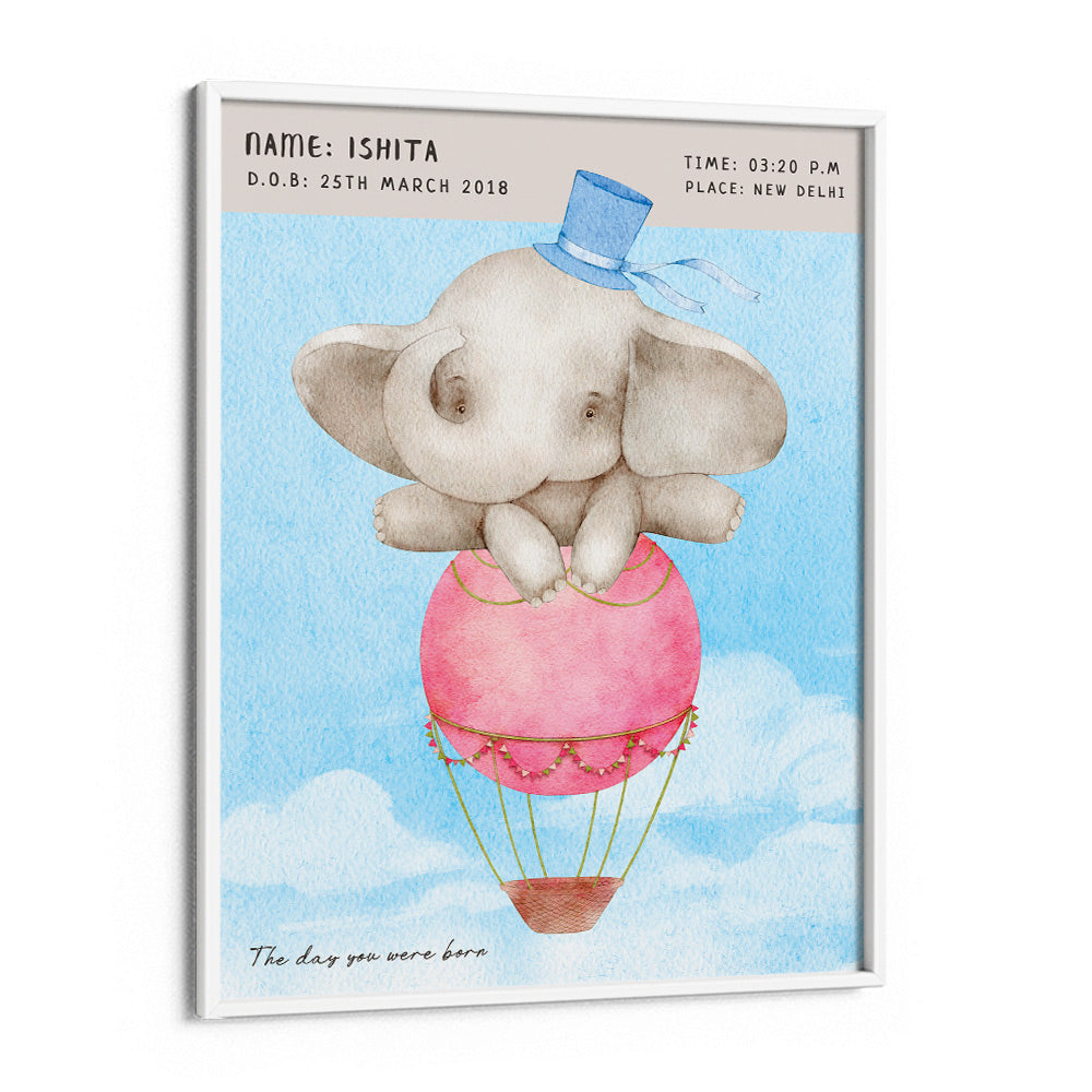 Personalized Birth Poster - Baby Elephant Wall Journals Matte Paper White Frame