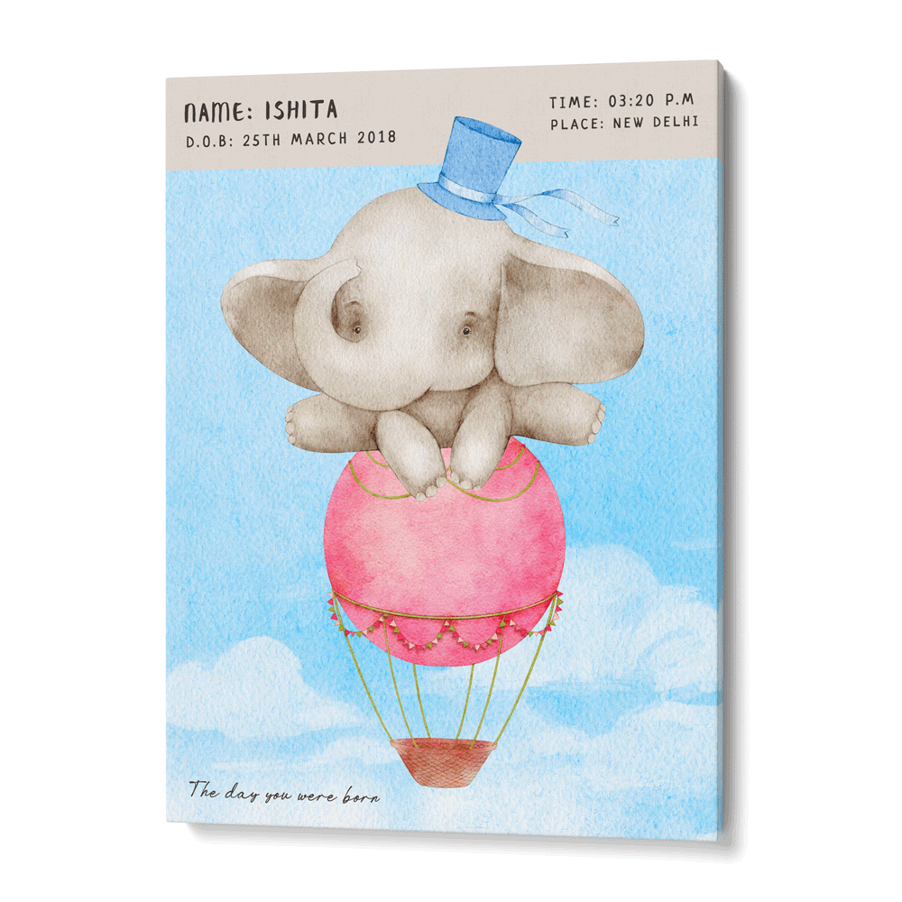 Personalized Birth Poster - Baby Elephant Wall Journals Canvas Gallery Wrap