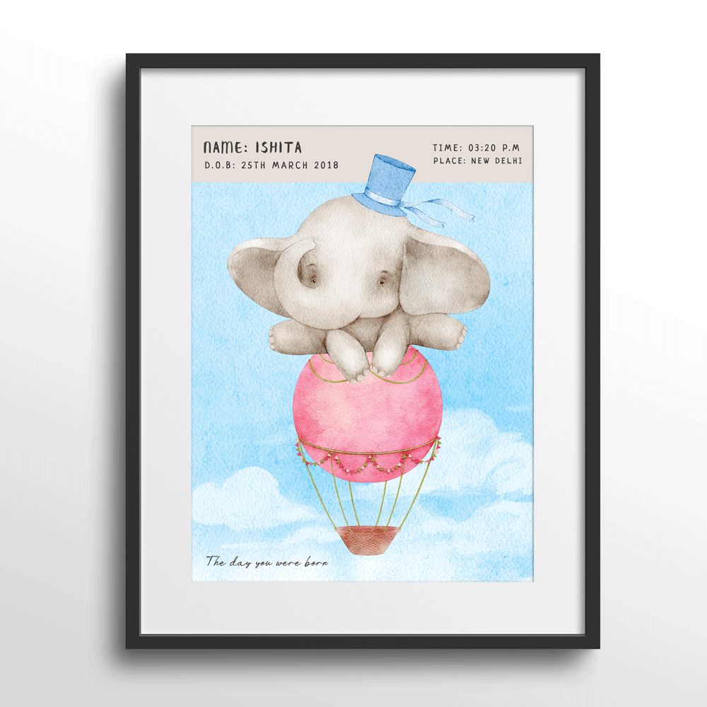 Personalized Birth Poster - Baby Elephant Wall Journals Matte Paper Black Frame With Mount