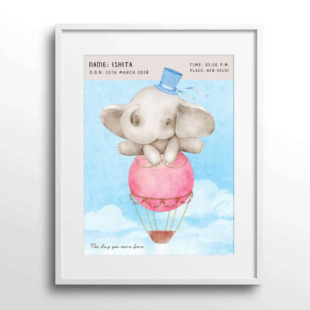 Personalized Birth Poster - Baby Elephant Wall Journals Matte Paper White Frame With Mount